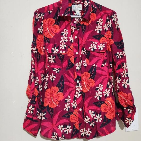 Lucky Brand sili Blouse For Women Size Medium Floral Print Roll Tab Sleeves - Picture 3 of 13